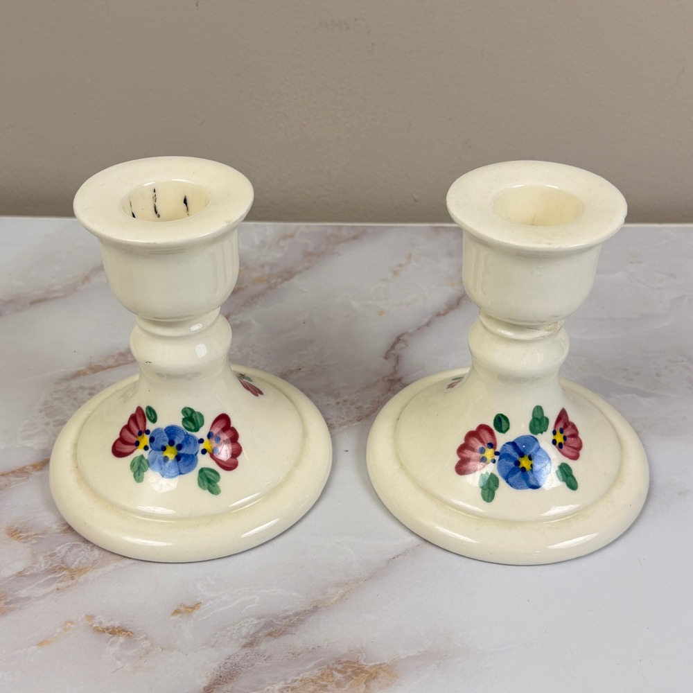 Vintage 80's Cream Ceramic 2 Candlesticks Hand Painted Floral Design Cottagecore